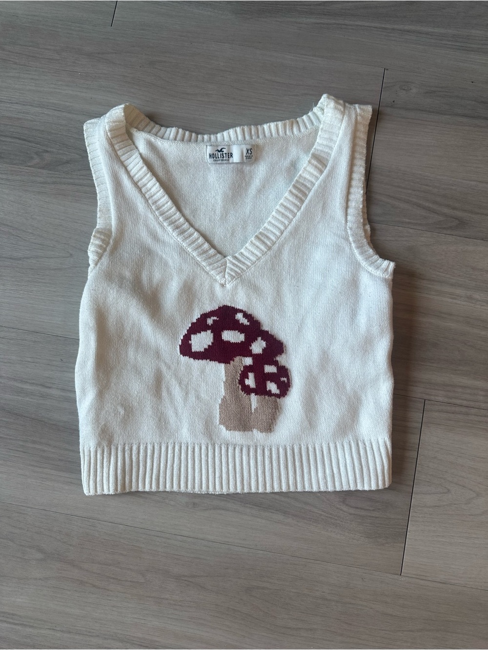 Hollister Mushroom V-Neck Sweater Vest Cottagecore 100% Cotton Womens XS